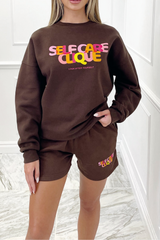 self care clique chocolate brown sweater short loungewear set