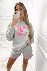 enjoy the now grey embroidered sweater short loungewear set