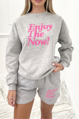 enjoy the now grey embroidered sweater short loungewear set