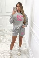 enjoy the now grey embroidered sweater short loungewear set