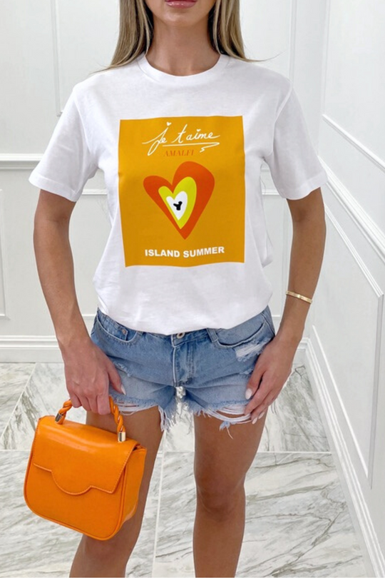 island summer orange printed white tee