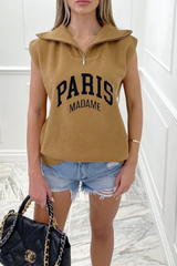 Paris madame embroidered black & stone High Neck Sleeveless top