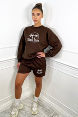 rodeo drive chocolate embroidered sweater short loungewear set