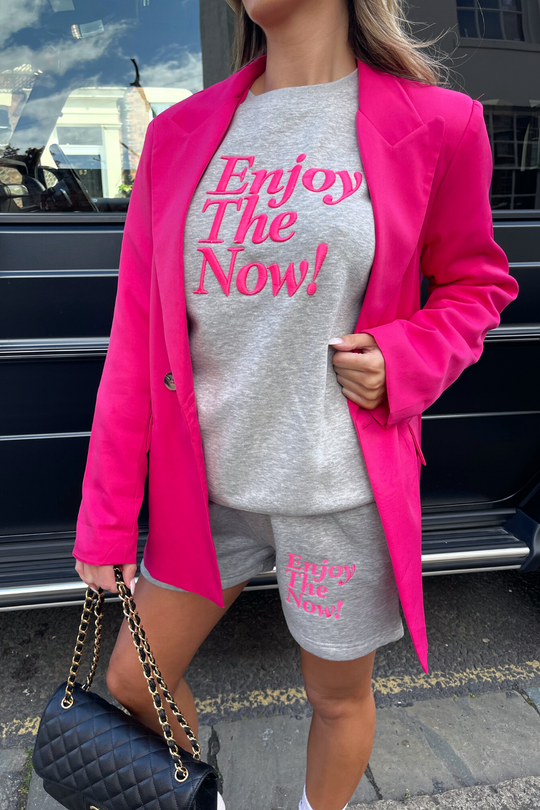 enjoy the now grey embroidered sweater short loungewear set