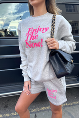 enjoy the now grey embroidered sweater short loungewear set