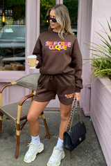 self care clique chocolate brown sweater short loungewear set