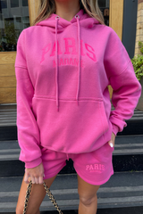 paris madame hot pink embroidered hoodie short loungewear set