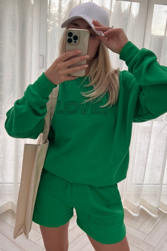 love green embroidered sweater short loungewear set