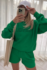 love green embroidered sweater short loungewear set