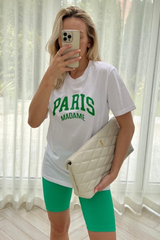 Paris madame green & white  printed white tee