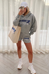 palms springs cropped grey embroidered hooded short loungewear set