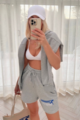 palms springs cropped grey embroidered hooded short loungewear set