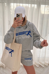 palms springs cropped grey embroidered hooded short loungewear set