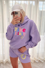 take it easy lilac embroidered hooded short loungewear set