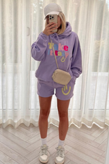 take it easy lilac embroidered hooded short loungewear set