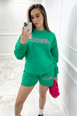 love pink & green embroidered sweater short loungewear set