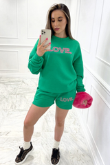 love pink & green embroidered sweater short loungewear set