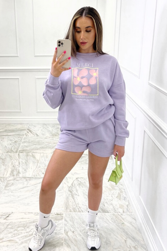 merci lilac embroidered sweater short loungewear set