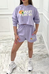 just peachy lilac hooded cropped short loungewear set