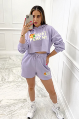 just peachy lilac hooded cropped short loungewear set