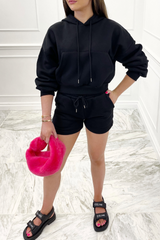 Rhea black cropped hooded short loungewear set
