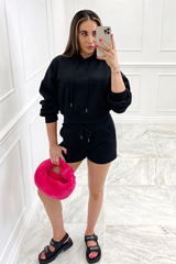 Rhea black cropped hooded short loungewear set