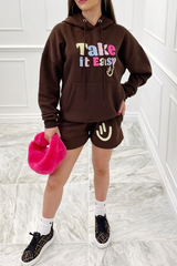 take it easy chocolate embroidered hooded short loungewear set