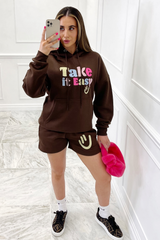 take it easy chocolate embroidered hooded short loungewear set