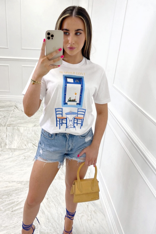 summer love blue & white printed white tee