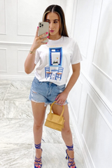 summer love blue & white printed white tee