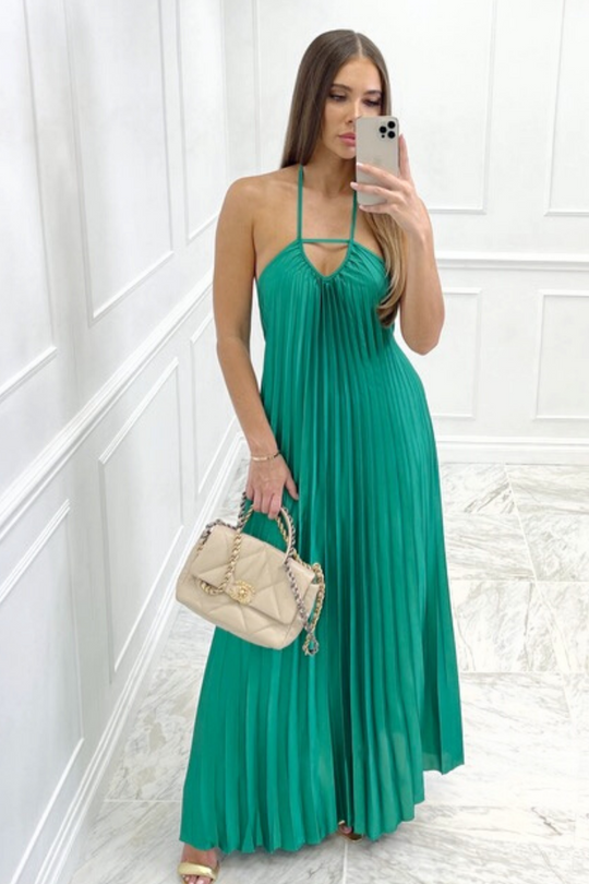 Venus green sleeveless pleated maxi dress