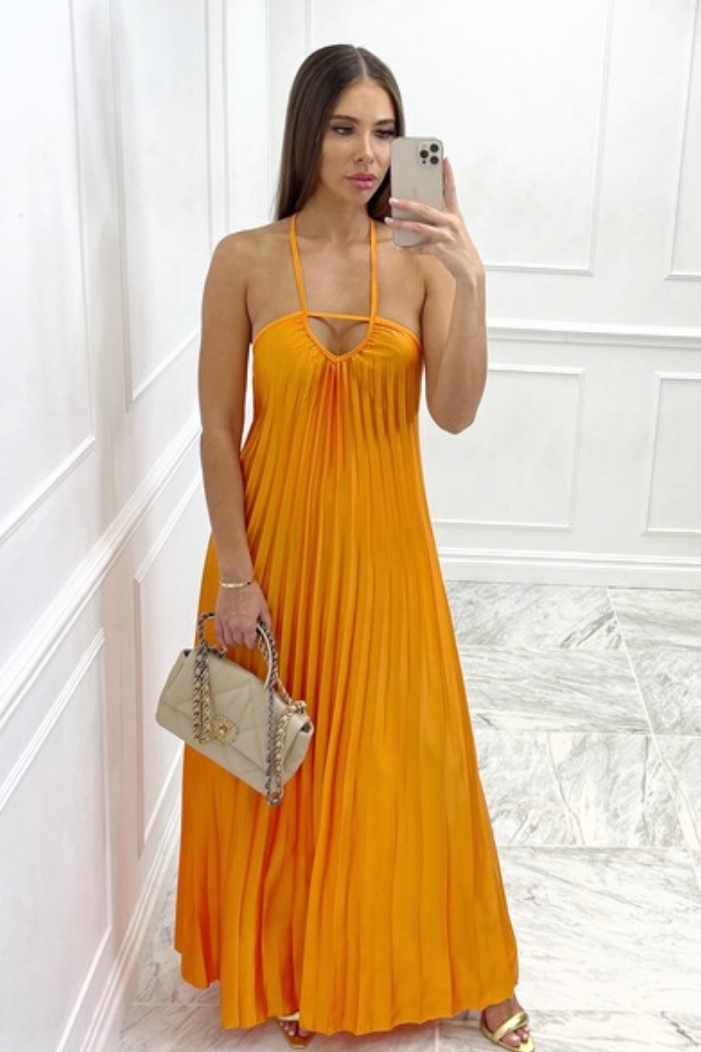 venus orange dress VENUS Bright Tangerine Colored Halter Maxi Dress w