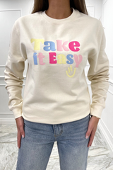 Take it easy ecru embroidered round neck sweater