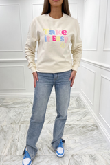 Take it easy ecru embroidered round neck sweater