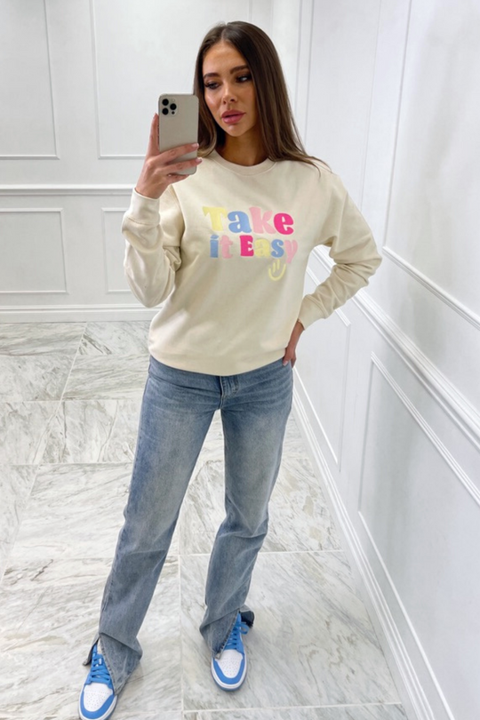 Take it easy ecru embroidered round neck sweater