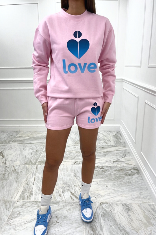 Love heart pink & blue oversized sweater short loungewear set