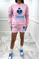 Love heart pink & blue oversized sweater short loungewear set