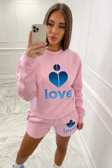 Love heart pink & blue oversized sweater short loungewear set