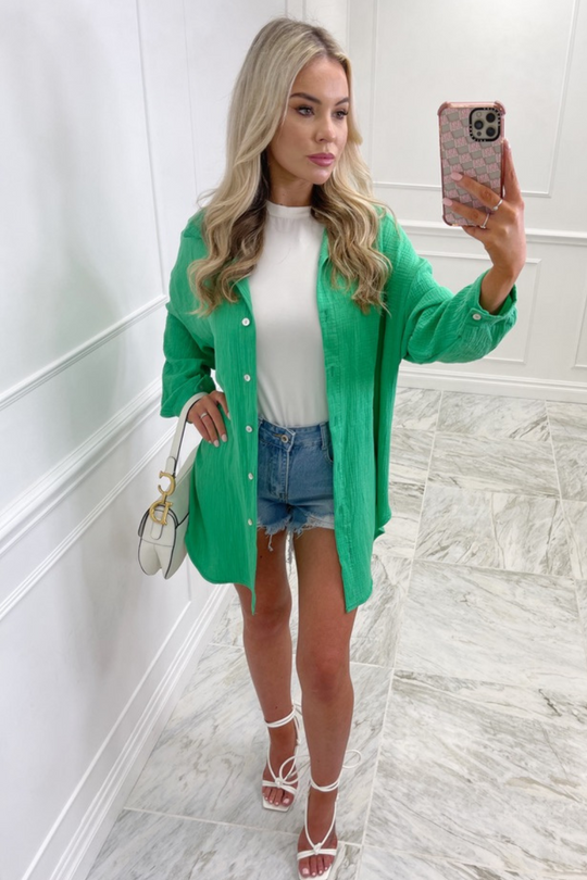 Safia bottle green cheesecloth knot tie button up shirt