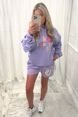 take it easy lilac ruched hooded short loungewear set