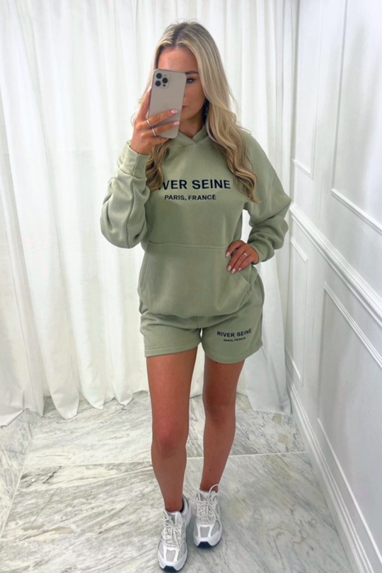 river seine sage embroidered hooded short loungewear set