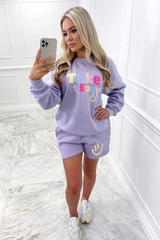 take it easy lilac embroidered sweater short loungewear set