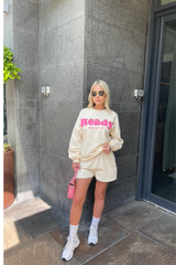 ready when you are pink & ecru sweater short loungewear set