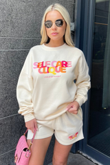 Self Care ecru printed sweater short loungewear set