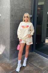 Self Care ecru printed sweater short loungewear set