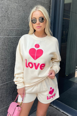 love heart pink & ecru sweater short loungewear set
