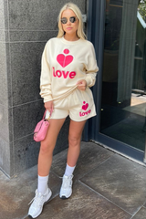 love heart pink & ecru sweater short loungewear set