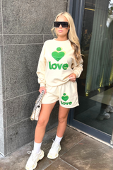 Love heart green & ecru sweater short loungewear set