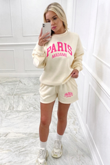 paris madame pink embroidered sweater short loungewear set