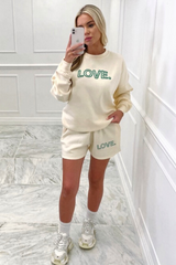 Love green & ecru embroidered sweater short loungewear set